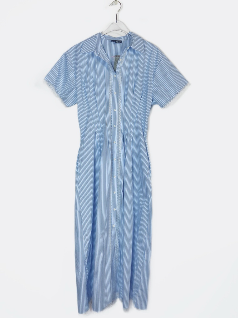 J. Crew NWT Wren lace trim Shirtdress Midi Pin stripe Blue White Womens size 8